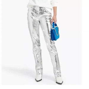 LOVE ,Fire Silver Metallic Zipper Front Faux Leather Flared Leg‎ Pants 7 NWT